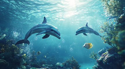 Obraz premium A playful underwater scene with dolphins dancing around a coral reef, their movements captured in dynamic splashes of water and light, symbolizing joy and freedom. 