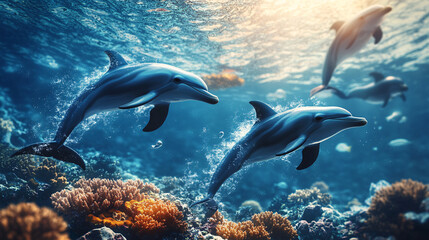 Obraz premium A playful underwater scene with dolphins dancing around a coral reef, their movements captured in dynamic splashes of water and light, symbolizing joy and freedom. 