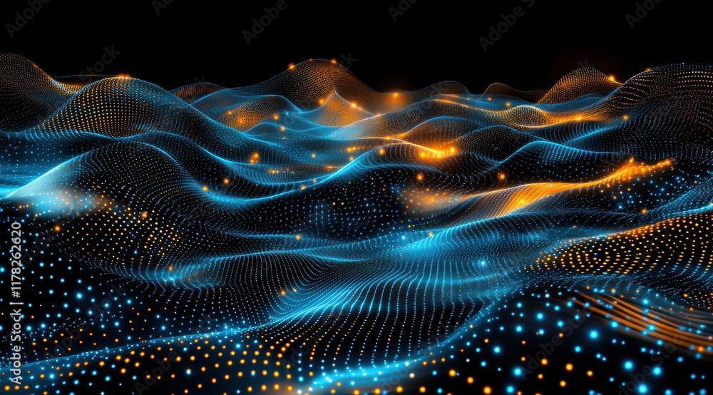 Poster this mesmerizing digital landscape features flowing waves of glowing blue and orange dots, creating 