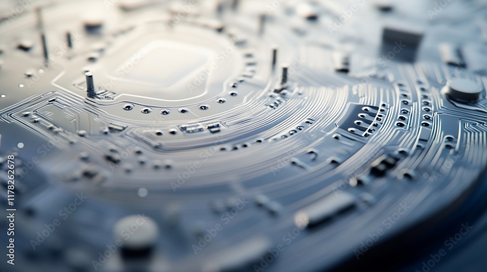 Poster Close-up of a circuit board's intricate design, showcasing its complex network of pathways and components.