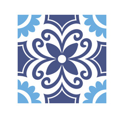 Decorative floral tile design with intricate blue and white patterns, featuring a symmetrical floral motif on a plain white background. Vector illustration
