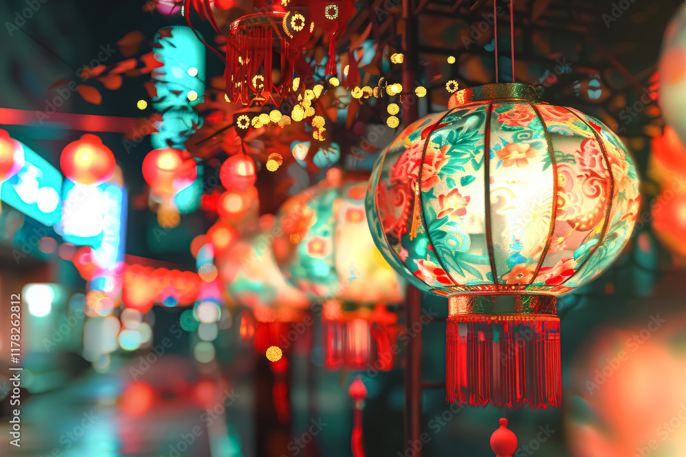 Poster row of colorful lanterns hang from a pole, creating a festive atmosphere
