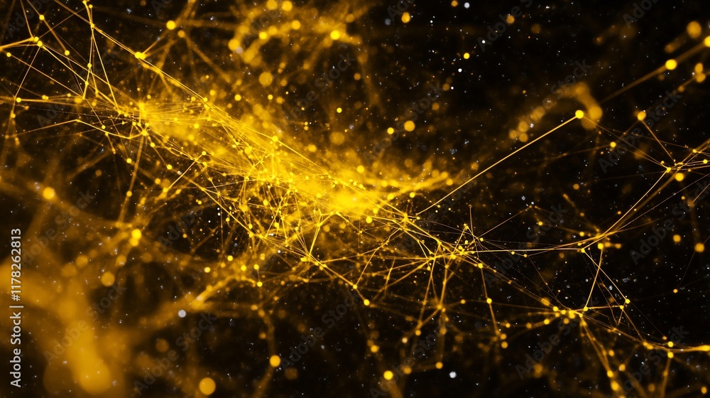 Poster abstract golden network connections in dark space.