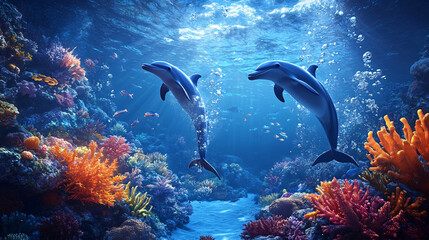 A playful underwater scene with dolphins dancing around a coral reef, their movements captured in dynamic splashes of water and light, symbolizing joy and freedom. 