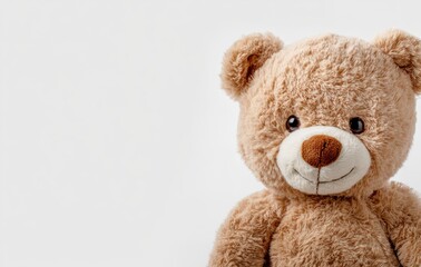 Fototapeta premium Cute brown teddy bear isolated on a white background with copy space, suitable for banner design. Stock photo, high quality.