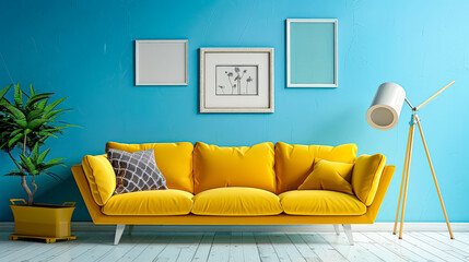Yellow couch sits in front of a blue wall