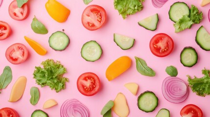 A colorful arrangement of fresh vegetables on a pink background, ideal for food presentations.