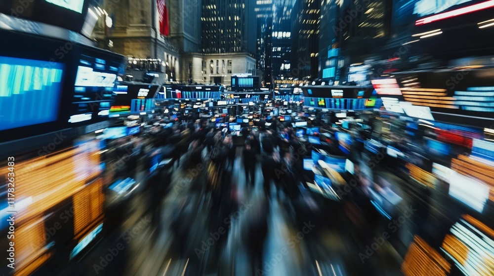 Poster fast-paced, bustling new york city stock exchange trading floor with numerous traders and screens di