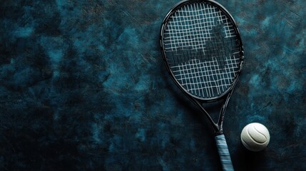 Tennis racket and ball on dark background.