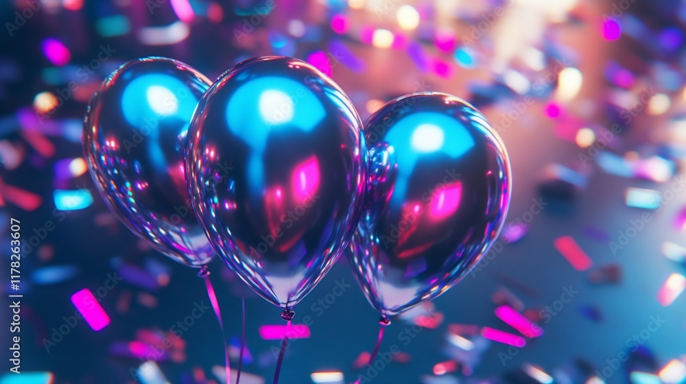 Poster three iridescent balloons float amidst colorful confetti against a dark background.