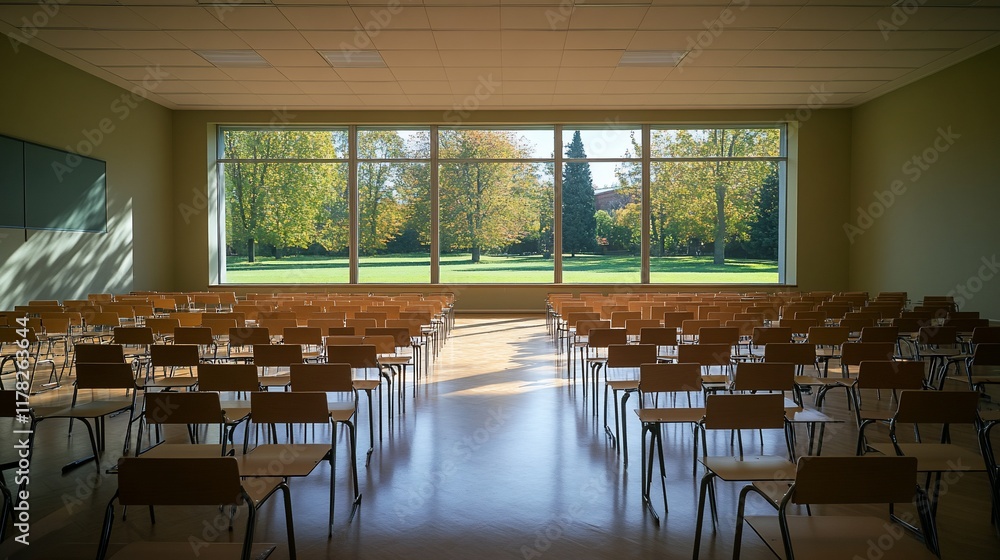 Poster Empty classroom with large windows overlooking a park.
