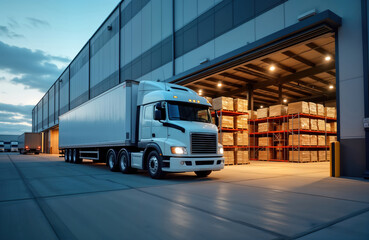 White truck enters industrial warehouse. Many cargo boxes on high shelves inside. Logistics tech business scene. Commercial transport at work. Goods shipment, storage. Delivery, distribution at
