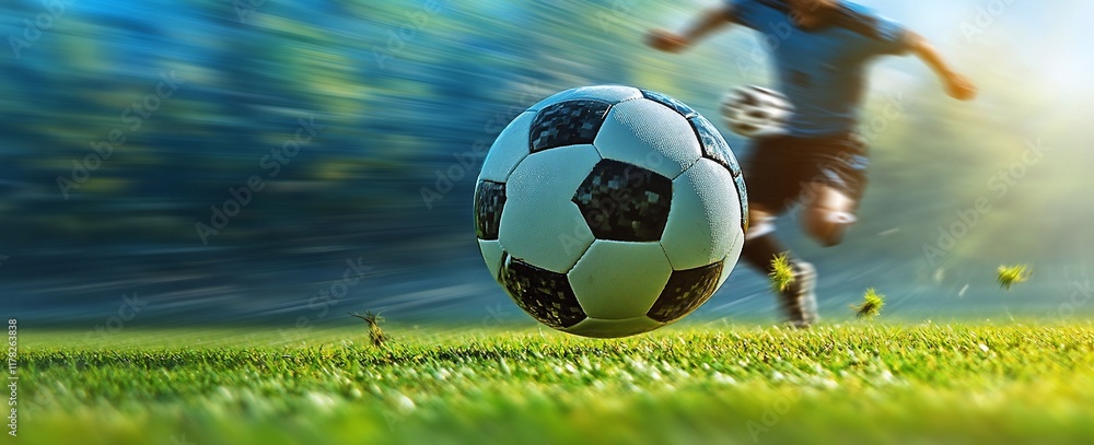 Poster close-up of soccer ball in motion, blurred player in background.