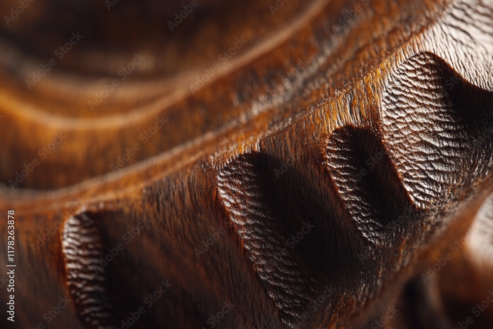 Poster close-up of intricately carved dark brown wood texture showing detailed patterns and grain.