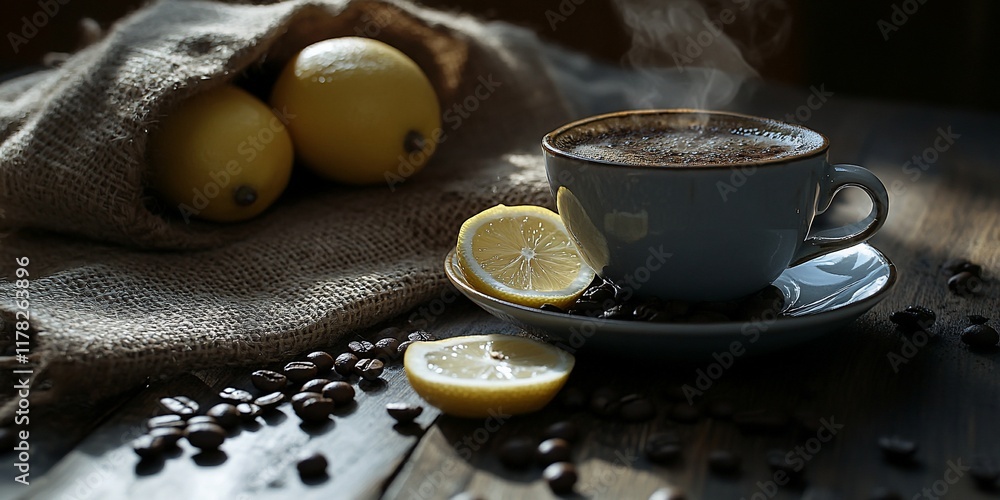 Poster steaming coffee cup with lemon slices and burlap sack on wooden table.
