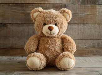Obraz premium Cute brown teddy bear toy on a wooden background, front view. Plush stuffed animal for children or as a baby gift with copy space. Stock photo, a photorealistic picture