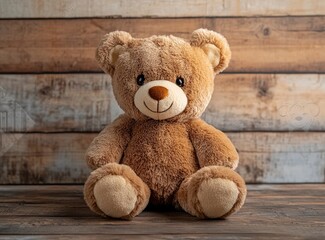 Obraz premium Cute brown teddy bear toy on a wooden background, front view. Plush stuffed animal for children or as a baby gift with copy space. Stock photo, a photorealistic picture