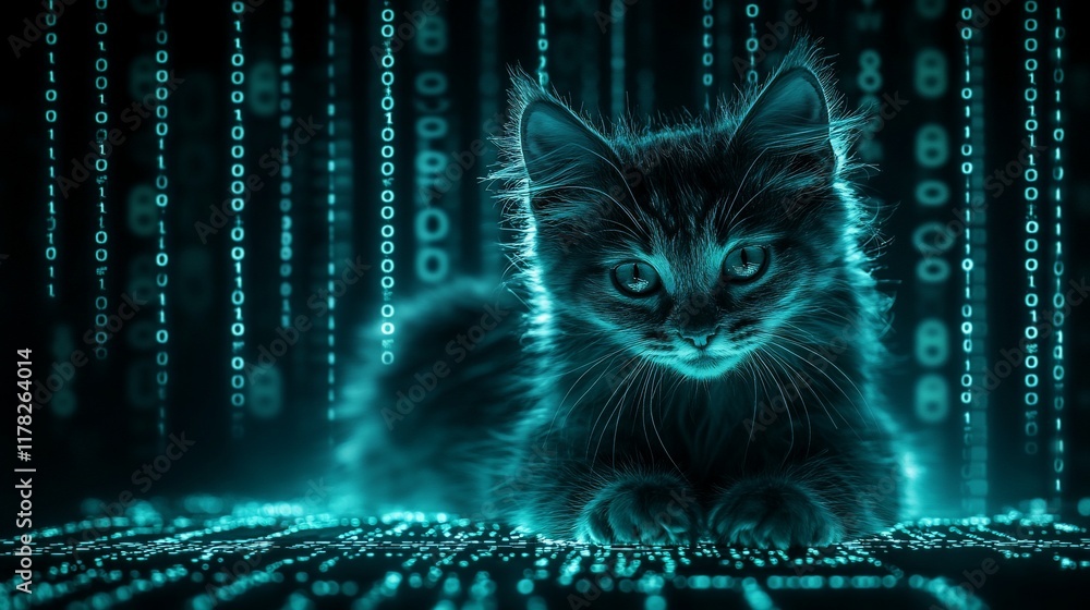 Leinwandbilder A cute kitten sits amidst a flowing stream of binary code, creating a surreal and captivating image.