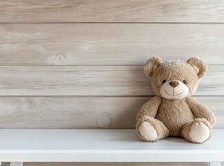 Obraz premium Cute brown teddy bear toy on a wooden background, studio shot, soft lighting, space for text. Stock photo with 2/3 space for copy, featuring an empty white table and a light wood wall in the backgroun