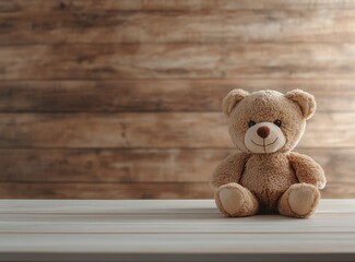 Obraz premium Cute brown teddy bear toy on a wooden background, studio shot, soft lighting, space for text. Stock photo with 2/3 space for copy, featuring an empty white table and a light wood wall in the backgroun
