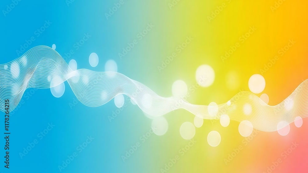 Poster abstract colorful background with flowing wave and bokeh lights.
