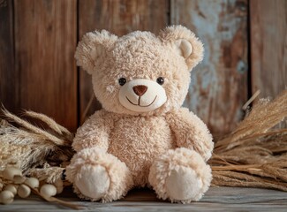 Obraz premium Cute brown teddy bear toy on a wooden background, front view. Plush stuffed animal for children or as a baby gift with copy space. Stock photo, a photorealistic picture