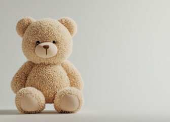 Obraz premium Cute teddy bear toy on a white background with copy space, 3D rendering, studio lighting, high-resolution photography, insanely detailed, fine details, isolated plain, stock photo color grading, light