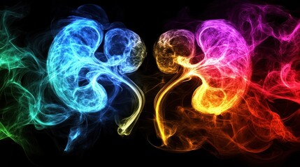 Fototapeta premium Abstract colorful smoke swirls on black background.