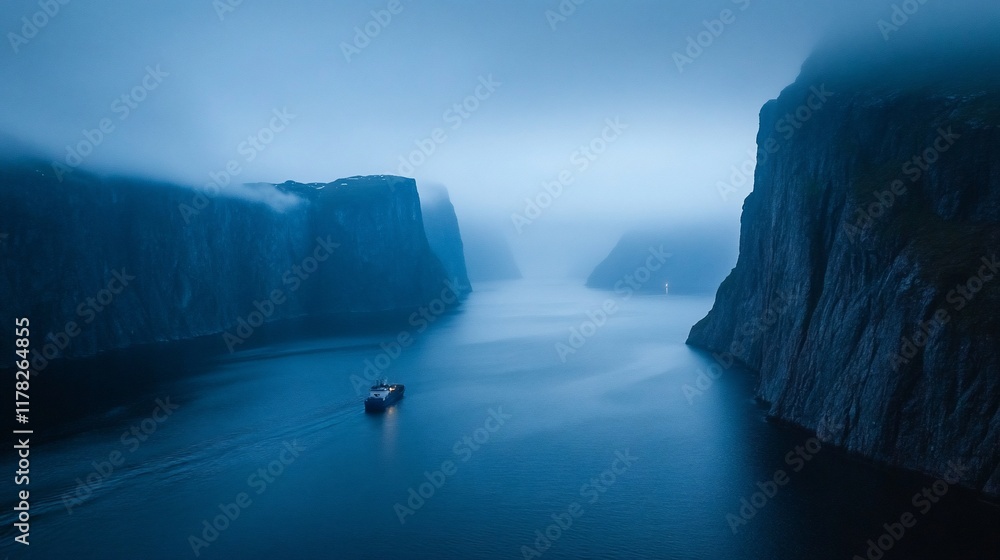 Poster Serene twilight scene of a ship navigating a misty fjord between towering cliffs.