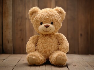 Obraz premium Cute teddy bear toy on a wooden background, front view, with copy space, studio shot, high-resolution photography. 
