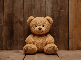 Obraz premium Cute teddy bear toy on a wooden background, front view, with copy space, studio shot, high-resolution photography. 