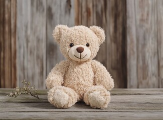 Obraz premium Cute teddy bear toy on a wooden background, front view, with copy space, studio shot, high-resolution photography.