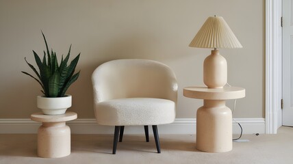 Minimalist Beige Interior with Chair, Side Tables, and Green Plant