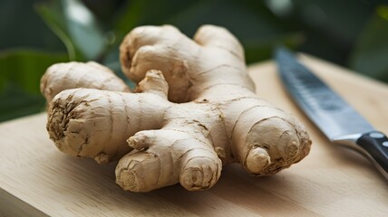 Fresh Organic Ginger Root on a Wooden Cutting Board