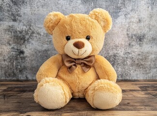 Obraz premium Cute teddy bear toy on a wooden background, front view, with copy space, studio shot, high-resolution photography.