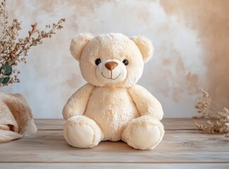 Obraz premium Cute teddy bear toy on a wooden background, front view, with copy space, studio shot, high-resolution photography.