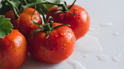 Fresh Red Tomatoes with Water Droplets on a White Surface