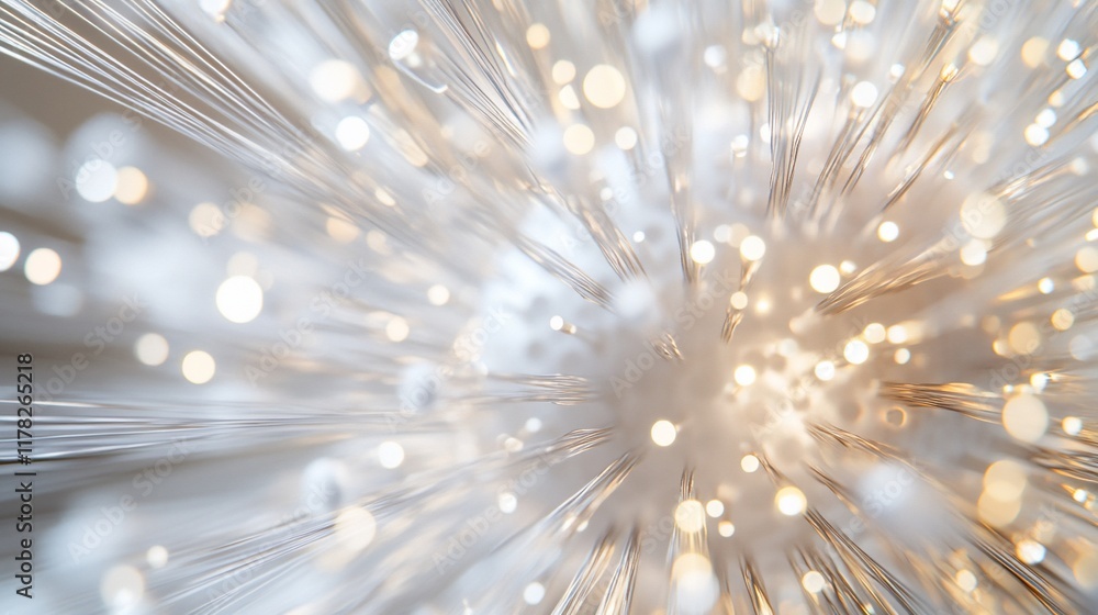 Poster abstract background with glowing fiber optic strands, radiating light bokeh effect.