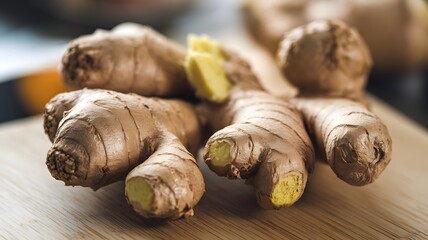 Fresh Organic Ginger Root on a Wooden Cutting Board