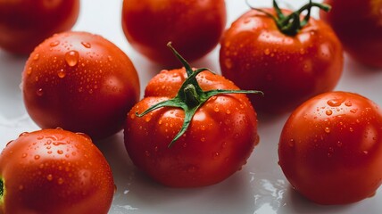 Fresh Red Tomatoes with Water Droplets on a White Surface