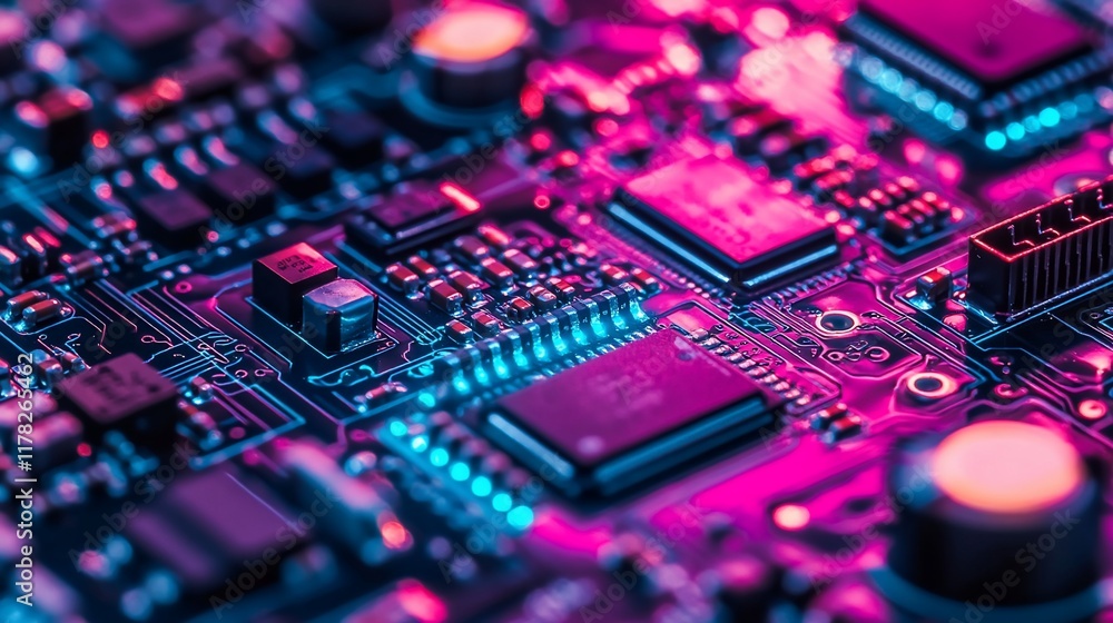 Poster close-up of a circuit board with vibrant pink and blue lighting, showcasing intricate electronic com