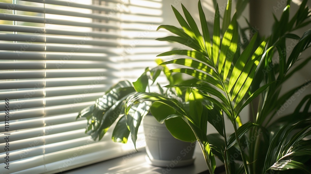 Poster sunlight streams through window blinds illuminating potted plants.