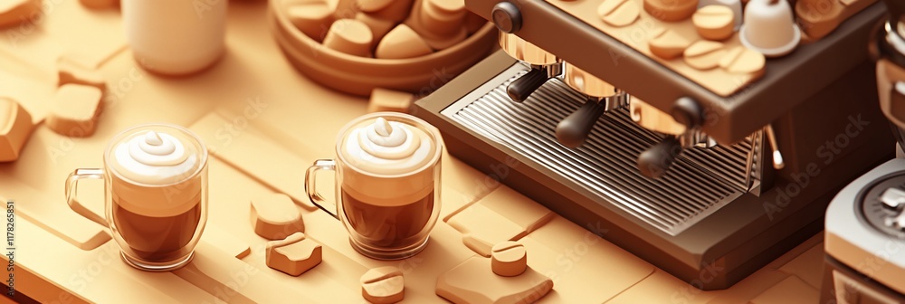 Poster two cups of cappuccino with whipped cream on a wooden table next to an espresso machine and pastries