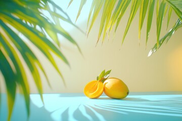Fresh mangoes with tropical palm leaves in soft sunlight