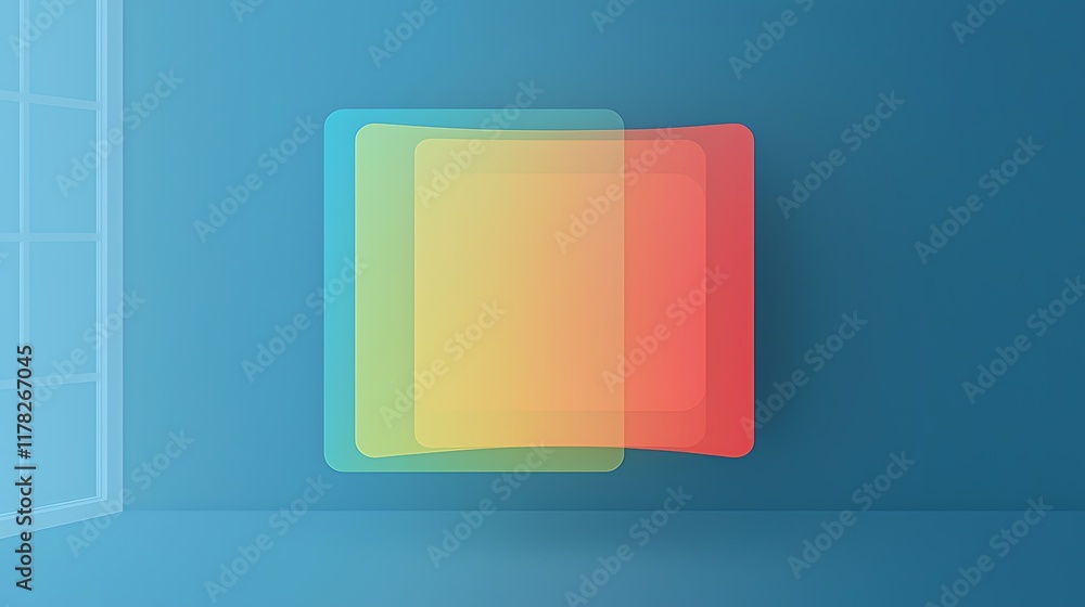 Poster abstract colorful square shapes overlap on teal background.