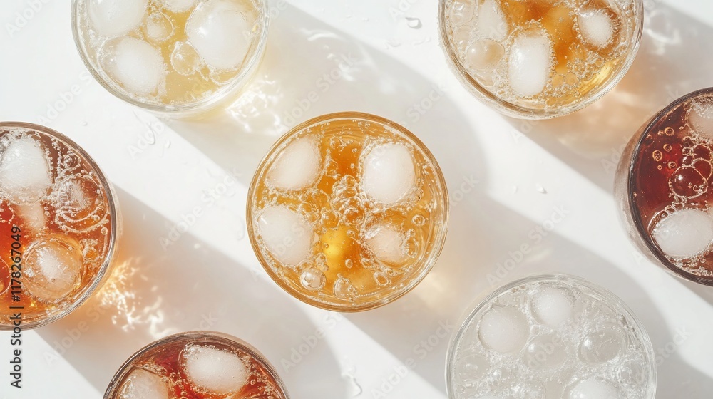 Aufkleber overhead view of several glasses of iced tea with varying shades of color and ice cubes.