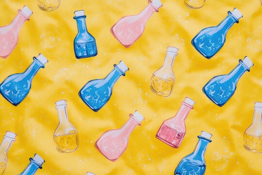 Colorful potion bottles pattern on a bright yellow background