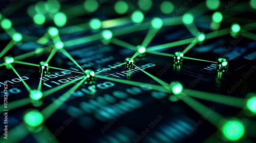 Poster Abstract network connection glowing nodes and lines on dark background with data.