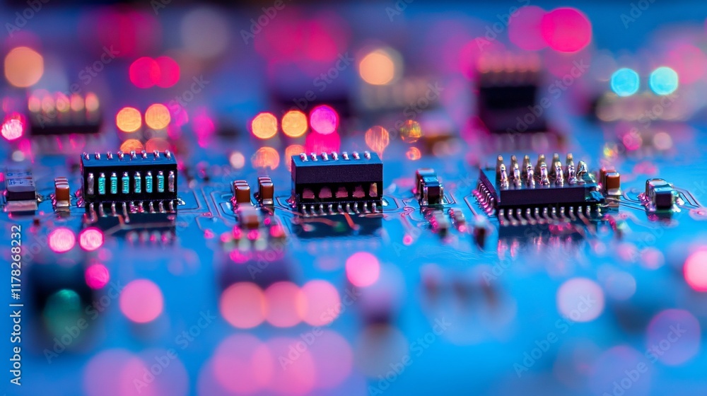 Poster Close-up of electronic circuit board with integrated circuits and colorful bokeh background.