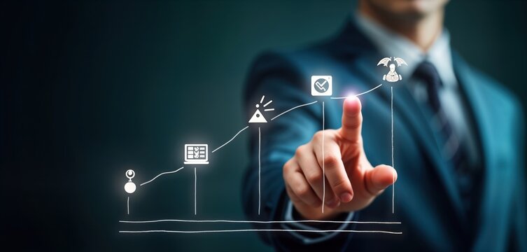 Businessman points to PDCA cycle graphic. Cycle shows plan, check, act phases for business improvement. Growth, success concepts highlighted. Dynamic process of business management, development,